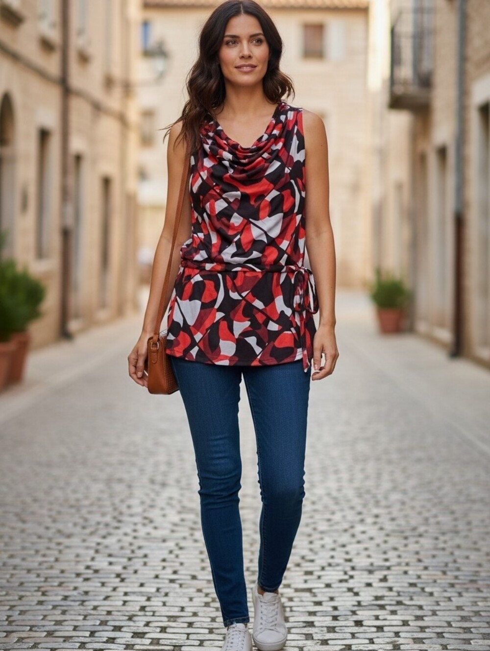 The S'edge Bree Tank Top Sleeveless Cowl Neck Tunic in Red, Black & White